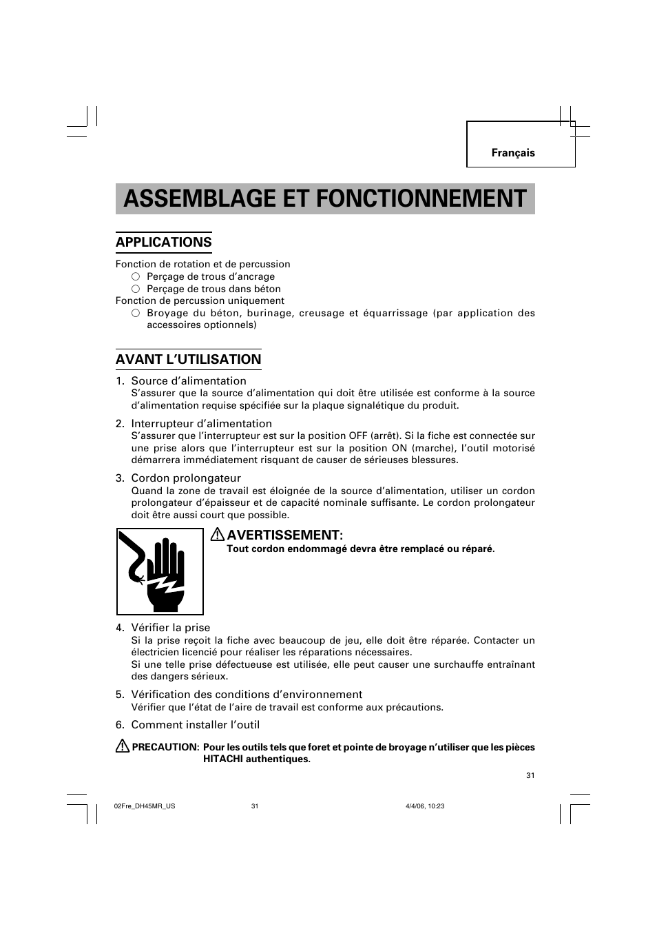 Assemblage et fonctionnement, Applications, Avant l’utilisation | Avertissement | Hitachi DH 45MR User Manual | Page 31 / 68