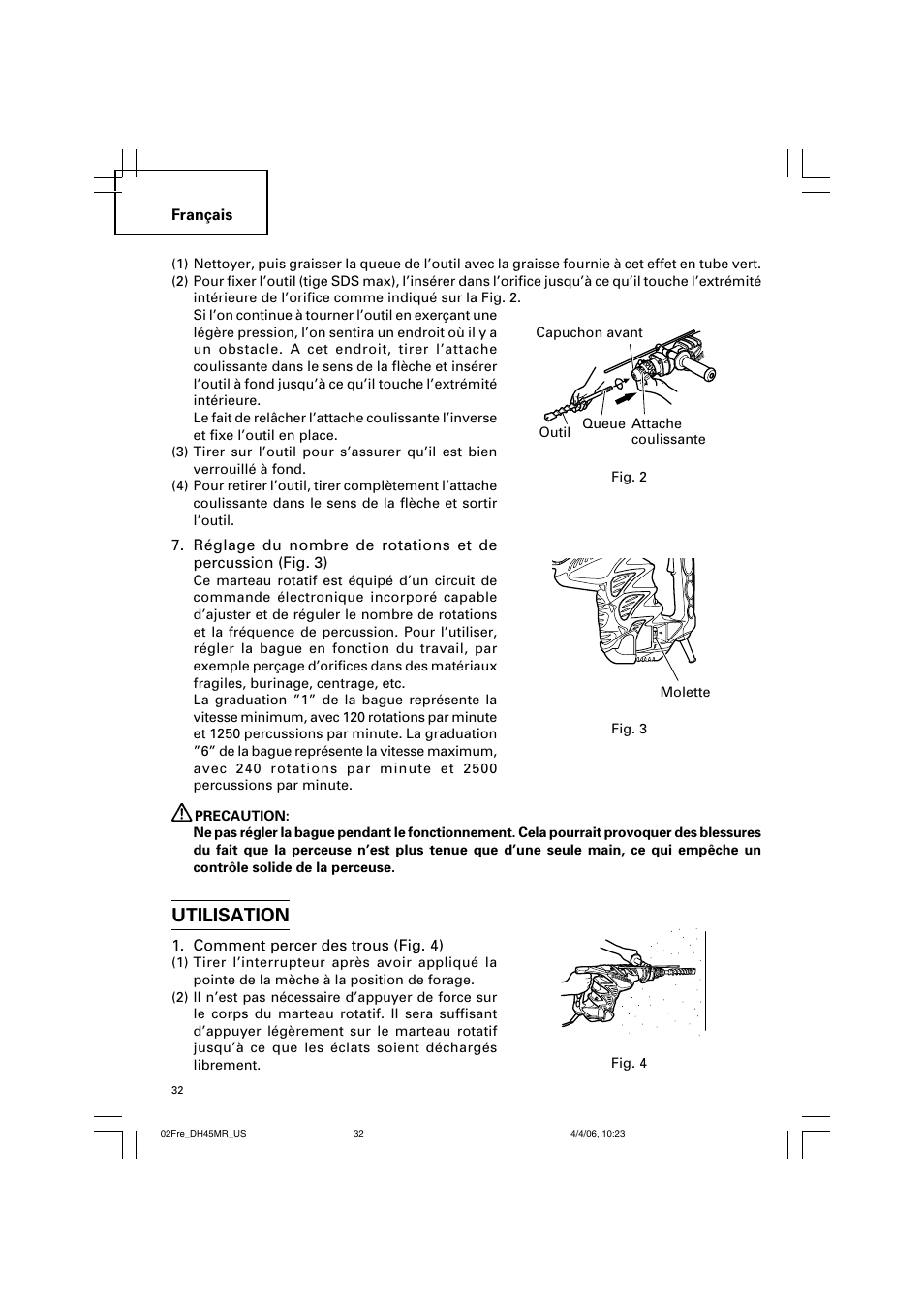 Utilisation | Hitachi DH 45MR User Manual | Page 32 / 68