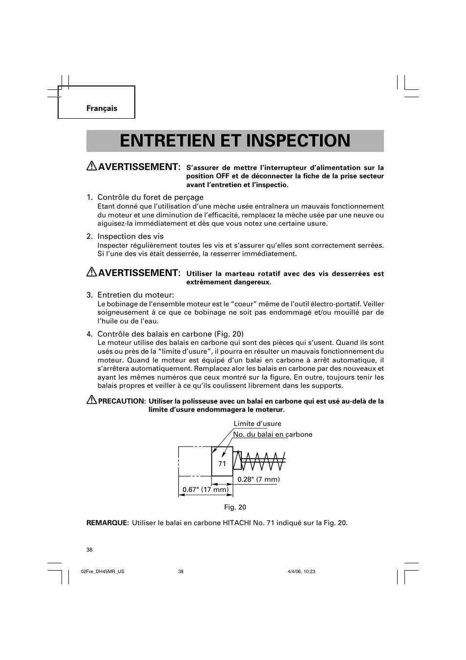 Entretien et inspection, Avertissement | Hitachi DH 45MR User Manual | Page 38 / 68