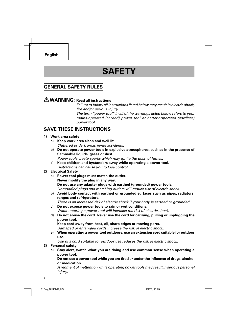 Safety, General safety rules warning, Save these instructions | Hitachi DH 45MR User Manual | Page 4 / 68