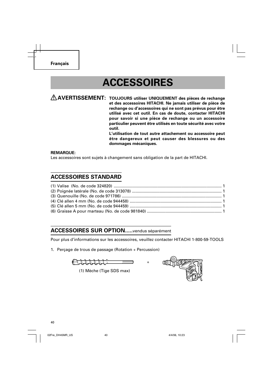 Accessoires, Avertissement, Accessoires standard | Accessoires sur option | Hitachi DH 45MR User Manual | Page 40 / 68