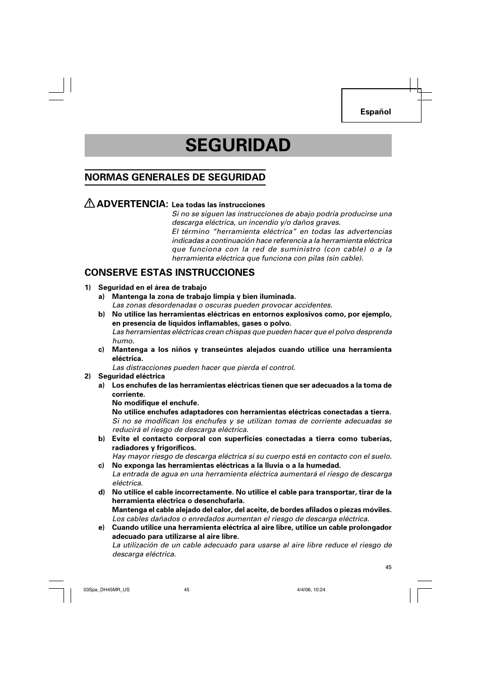 Seguridad, Normas generales de seguridad advertencia, Conserve estas instrucciones | Hitachi DH 45MR User Manual | Page 45 / 68