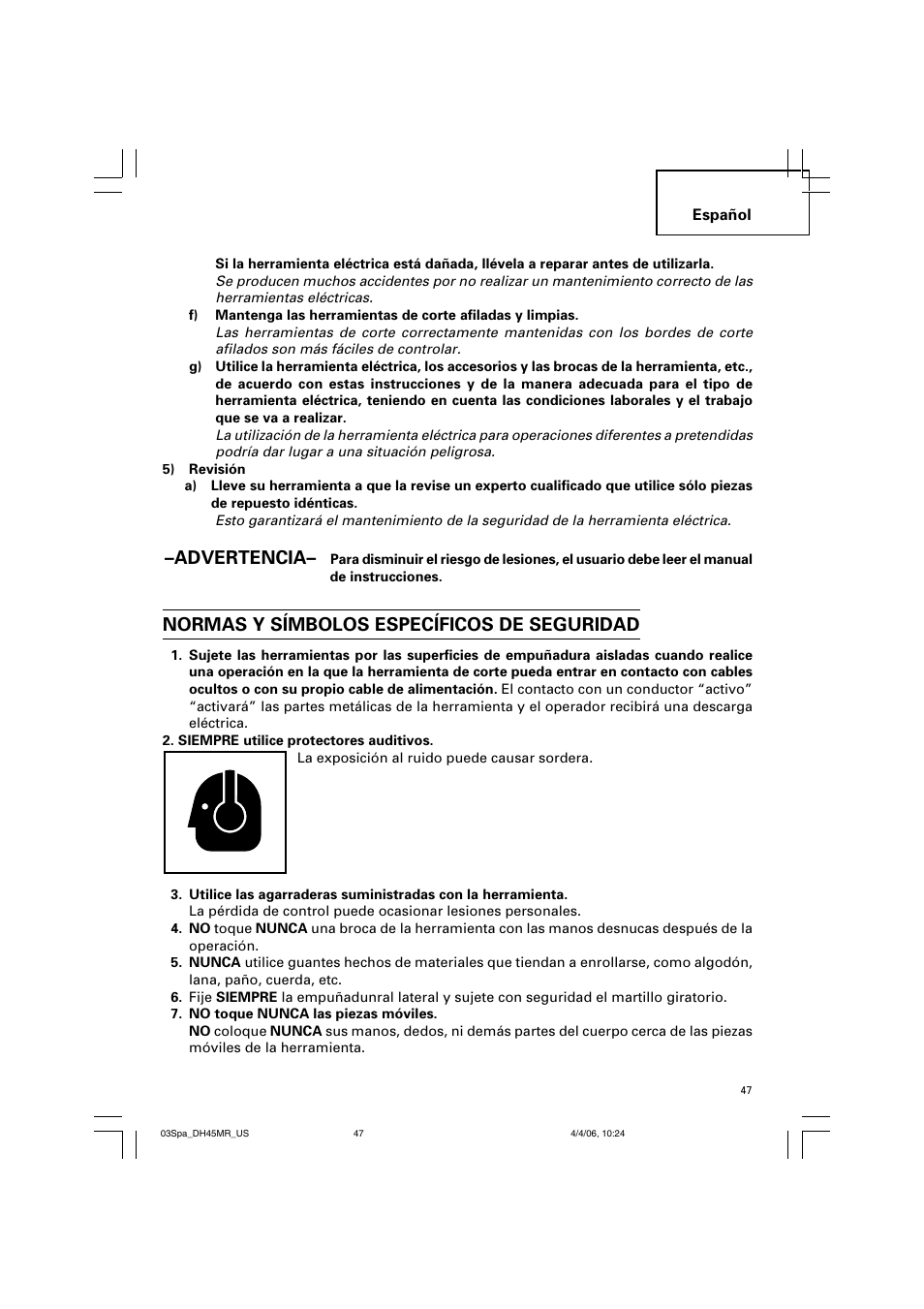 Advertencia, Normas y símbolos específicos de seguridad | Hitachi DH 45MR User Manual | Page 47 / 68