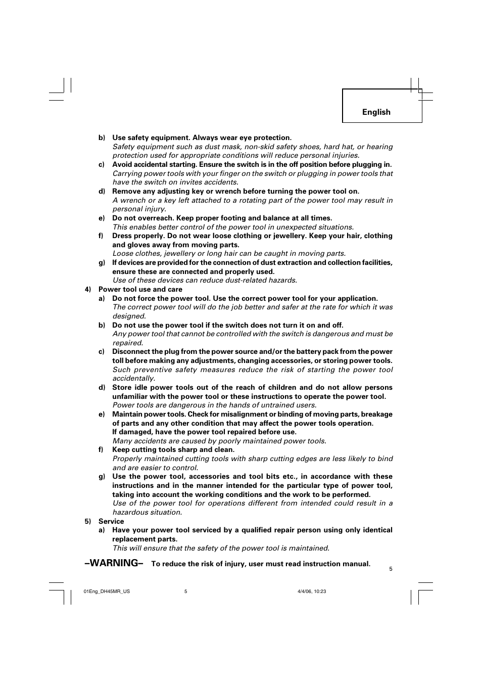 Warning | Hitachi DH 45MR User Manual | Page 5 / 68