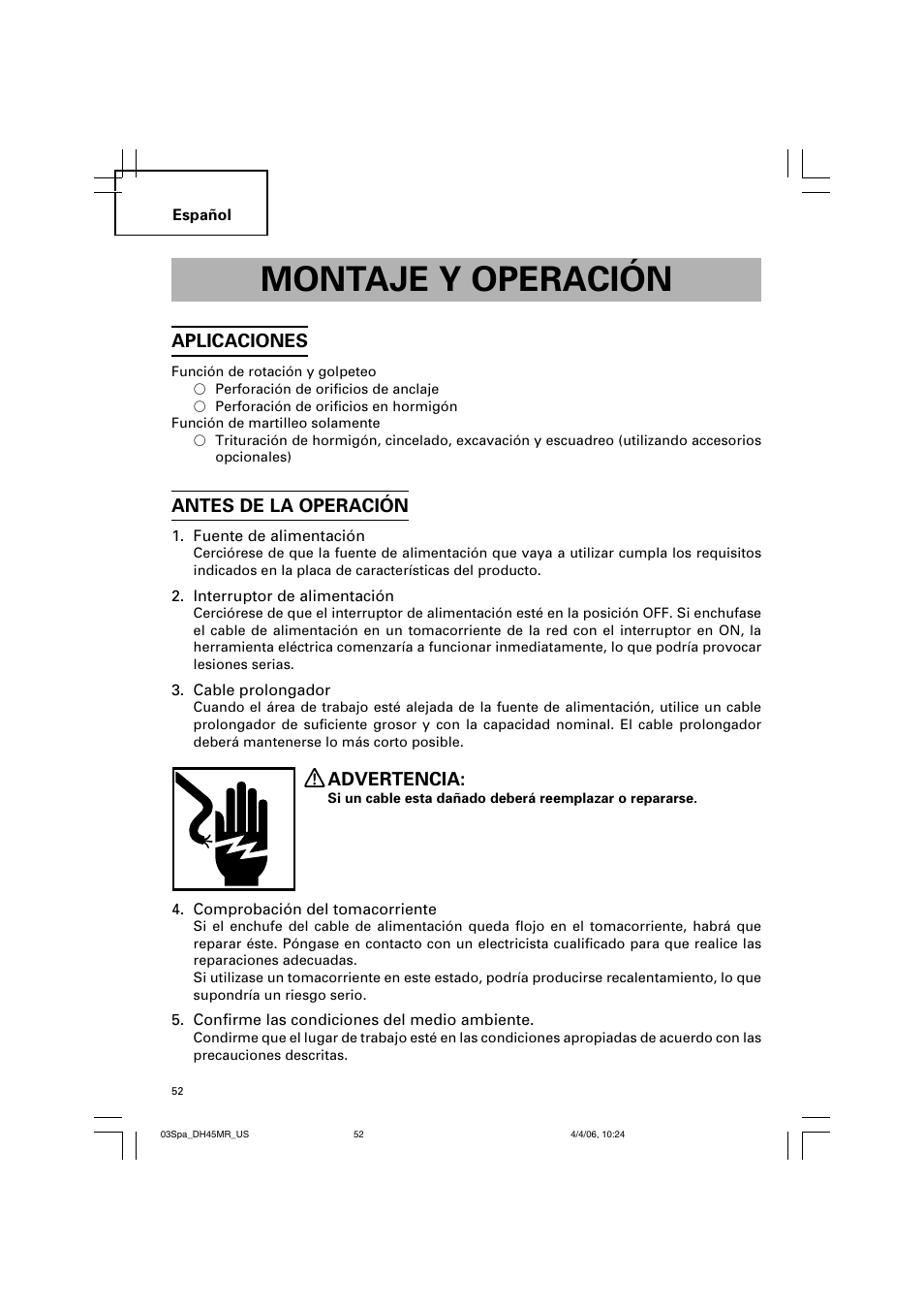 Montaje y operación, Aplicaciones, Antes de la operación | Advertencia | Hitachi DH 45MR User Manual | Page 52 / 68