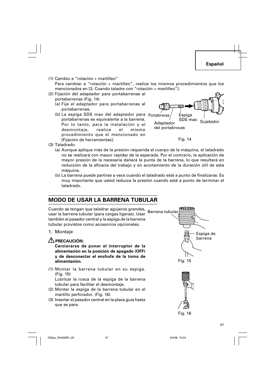 Modo de usar la barrena tubular | Hitachi DH 45MR User Manual | Page 57 / 68
