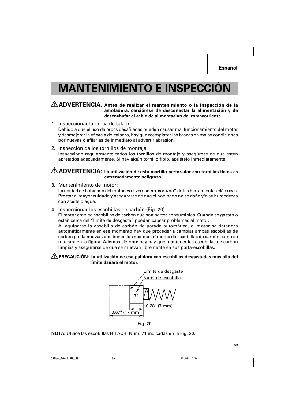 Mantenimiento e inspección, Advertencia | Hitachi DH 45MR User Manual | Page 59 / 68