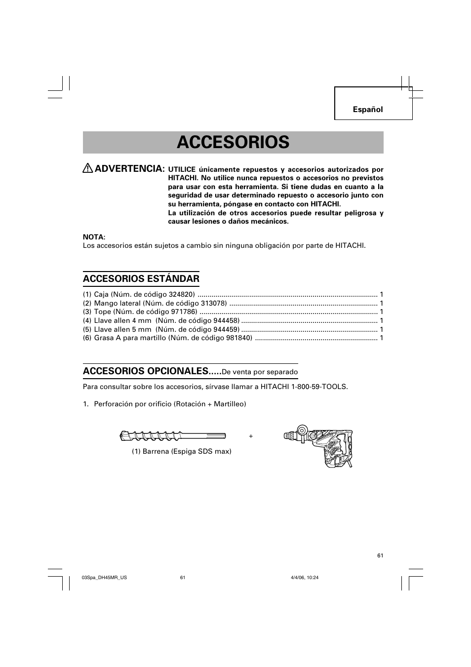 Accesorios, Advertencia, Accesorios estándar | Accesorios opcionales | Hitachi DH 45MR User Manual | Page 61 / 68