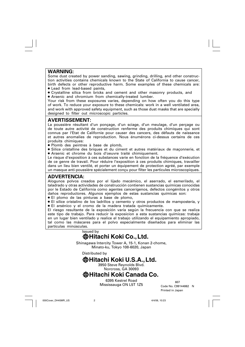 Warning, Avertissement, Advertencia | Hitachi DH 45MR User Manual | Page 68 / 68