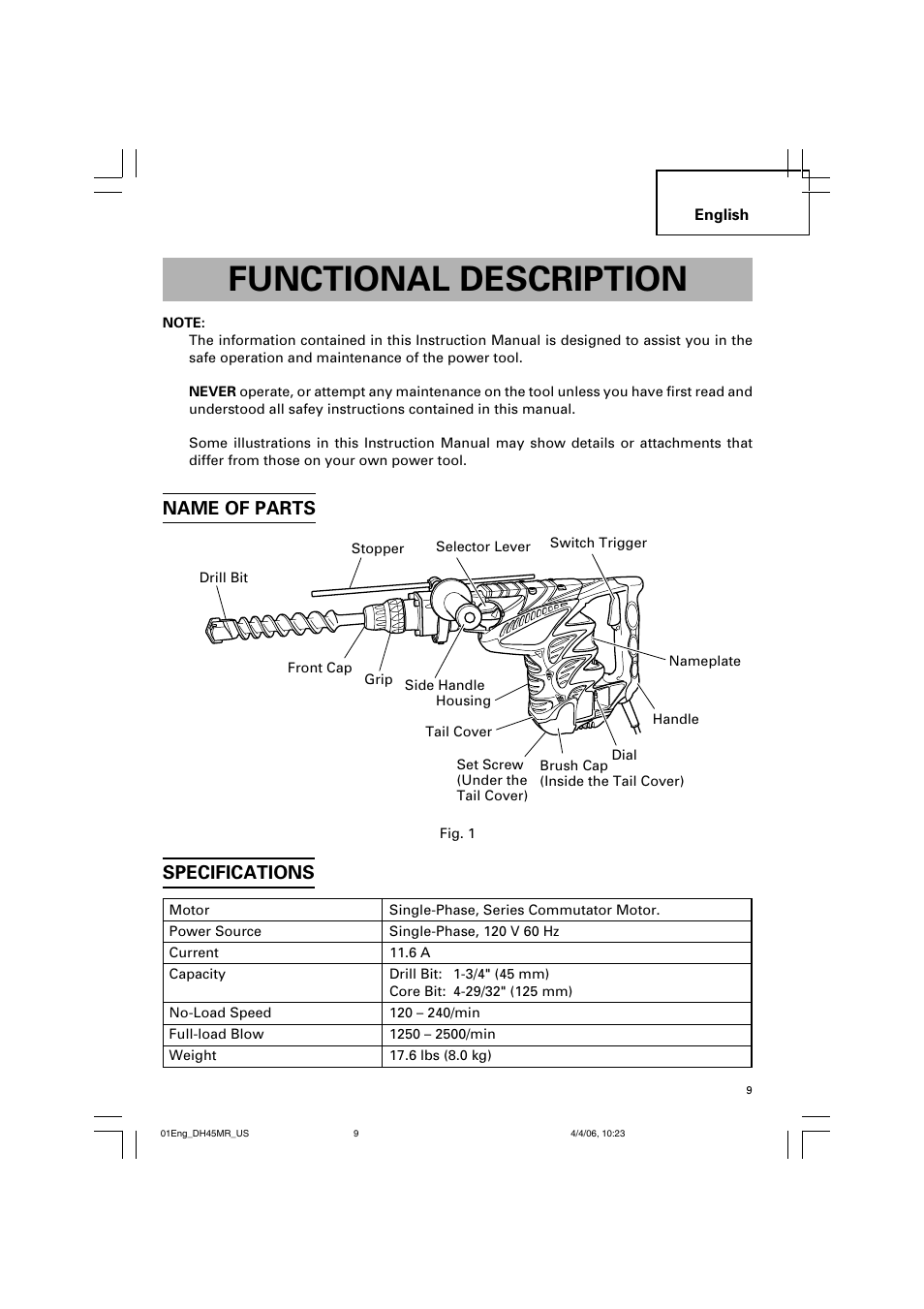 Functional description, Specifications, Name of parts | Hitachi DH 45MR User Manual | Page 9 / 68