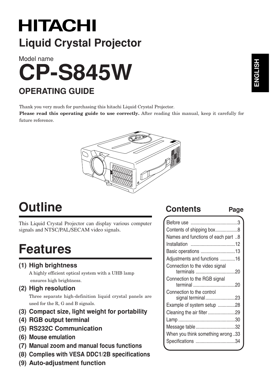 Hitachi CP-S845W User Manual | 34 pages