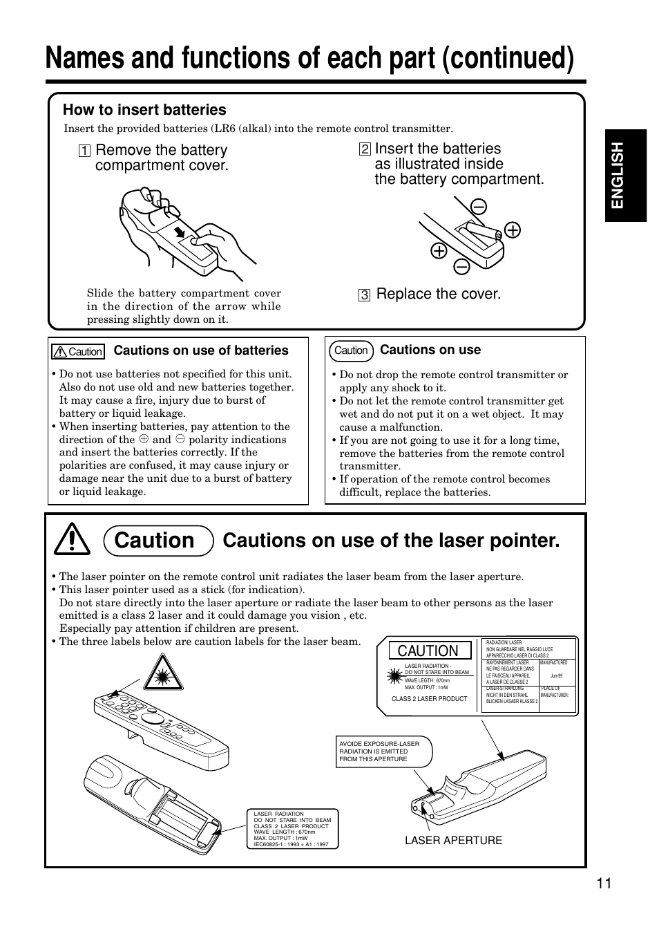 Names and functions of each part (continued), Cautions on use of the laser pointer, 11 english | How to insert batteries, Remove the battery compartment cover, Caution | Hitachi CP-S845W User Manual | Page 11 / 34