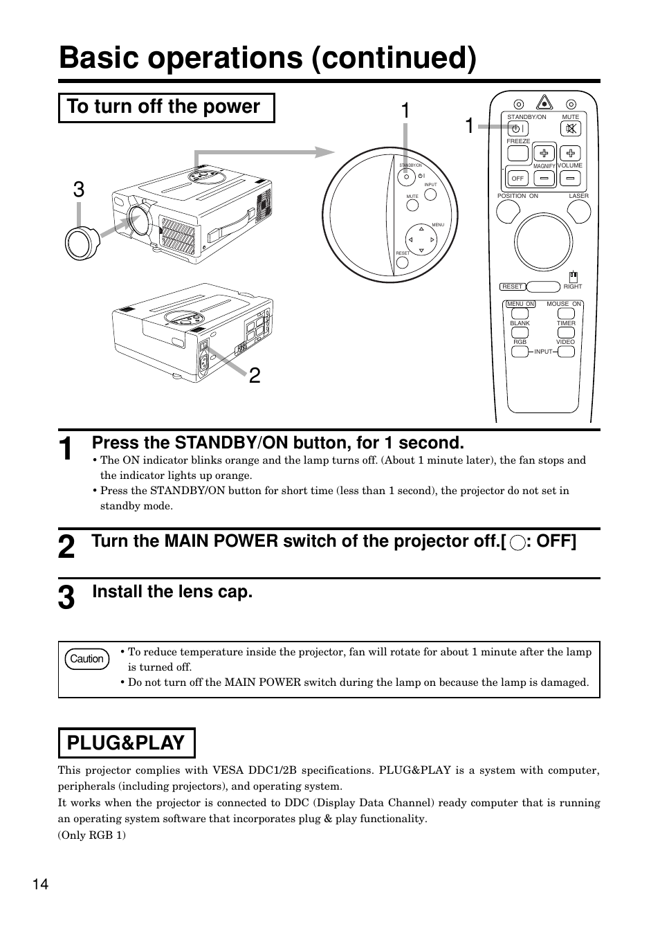 Basic operations (continued), Press the standby/on button, for 1 second, Install the lens cap | Hitachi CP-S845W User Manual | Page 14 / 34