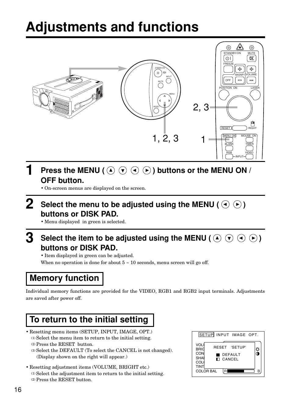 Adjustments and functions | Hitachi CP-S845W User Manual | Page 16 / 34