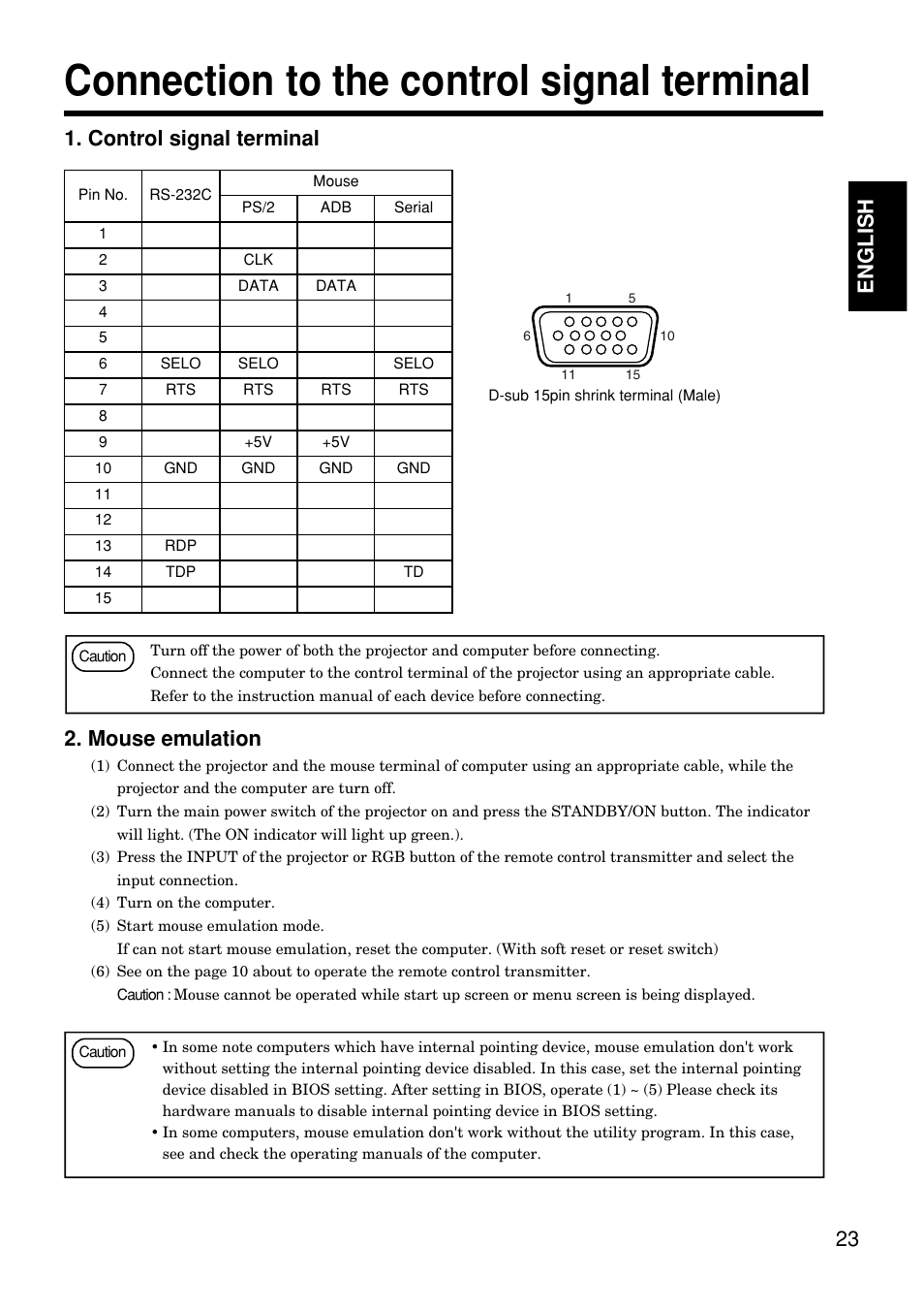 Connection to the control signal terminal, 23 english 1. control signal terminal, Mouse emulation | Hitachi CP-S845W User Manual | Page 23 / 34