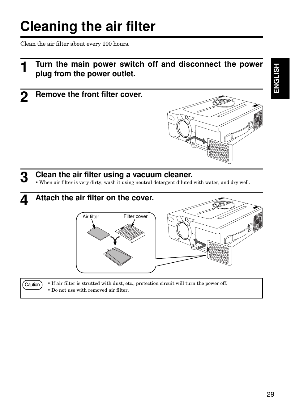 Cleaning the air filter | Hitachi CP-S845W User Manual | Page 29 / 34