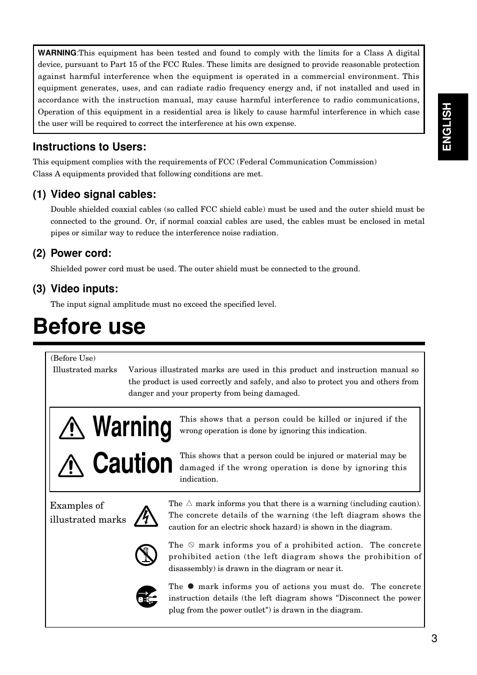 Warning caution, Before use, 3english | Instructions to users, 1) video signal cables, 2) power cord, 3) video inputs | Hitachi CP-S845W User Manual | Page 3 / 34