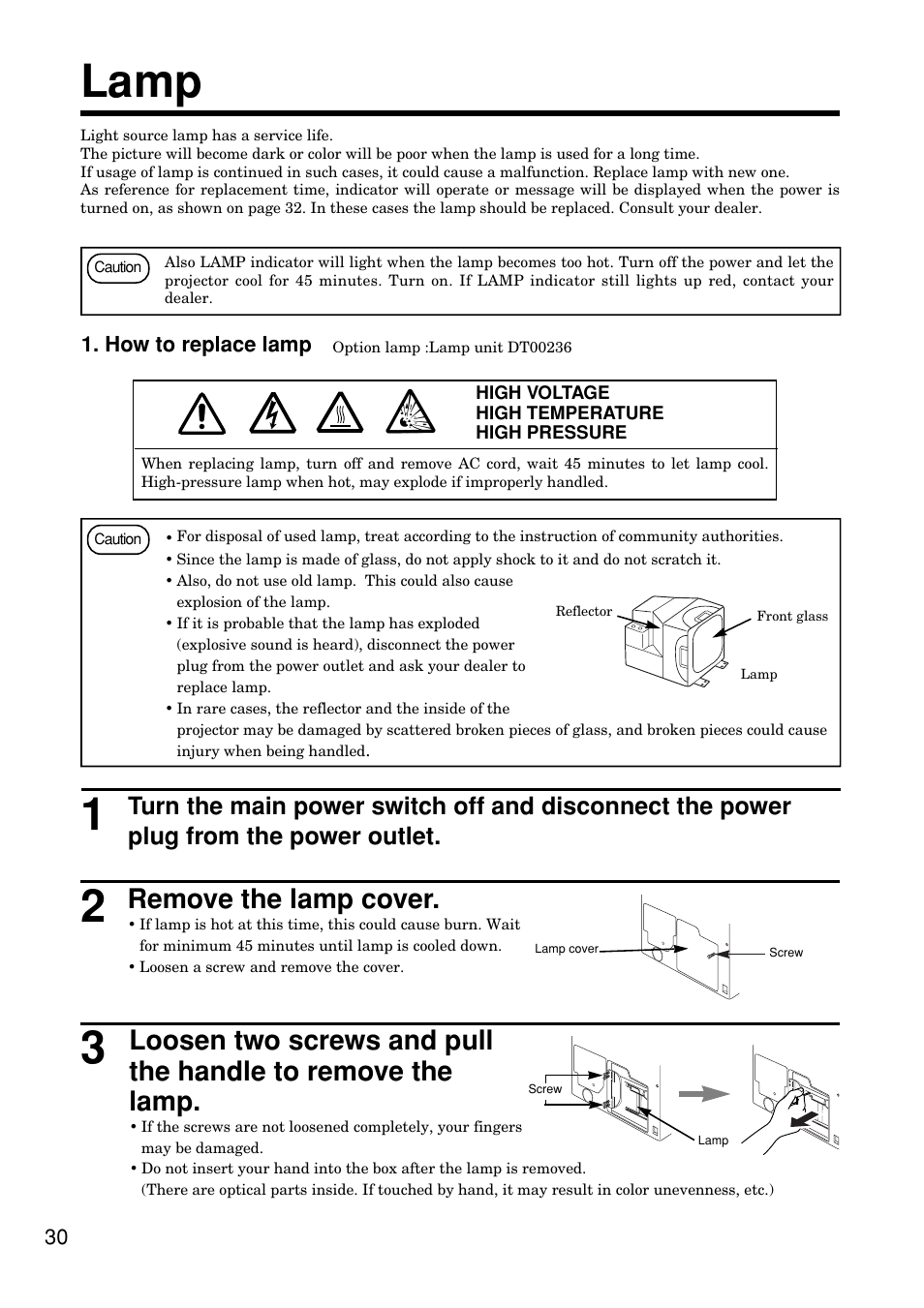 Lamp, Remove the lamp cover | Hitachi CP-S845W User Manual | Page 30 / 34