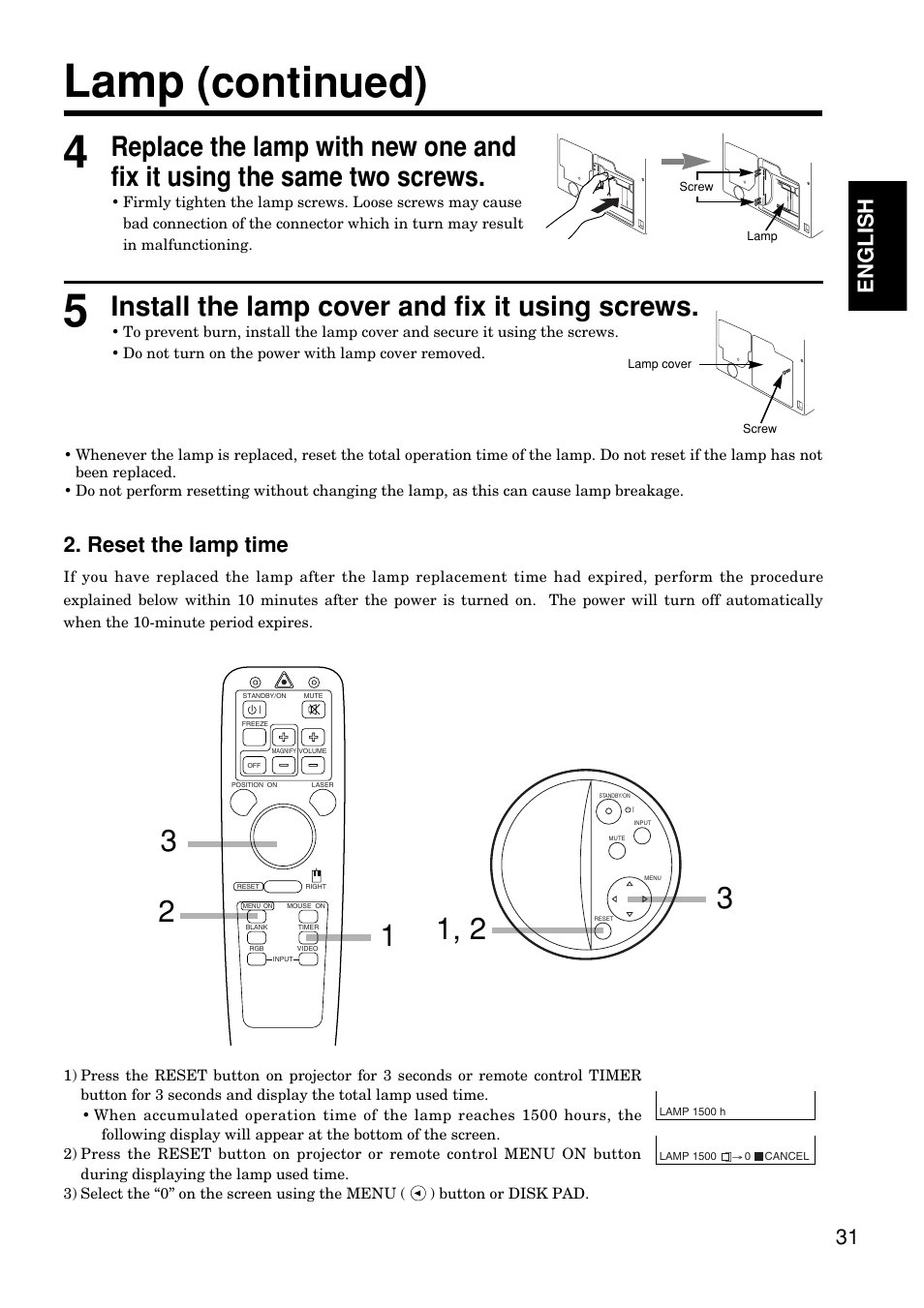 5lamp, Continued), Install the lamp cover and fix it using screws | 31 english, Reset the lamp time | Hitachi CP-S845W User Manual | Page 31 / 34