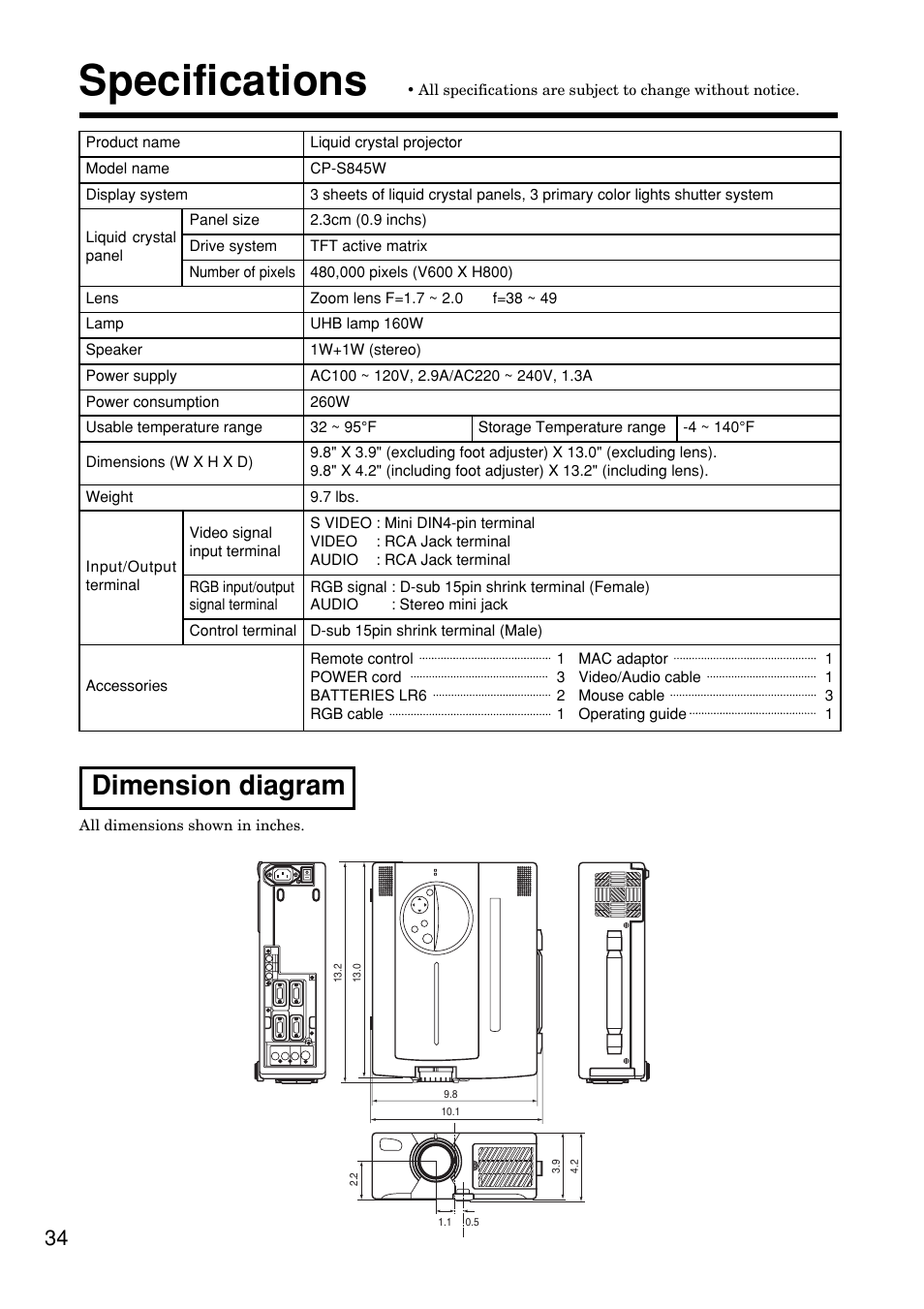 Specifications, Dimension diagram | Hitachi CP-S845W User Manual | Page 34 / 34