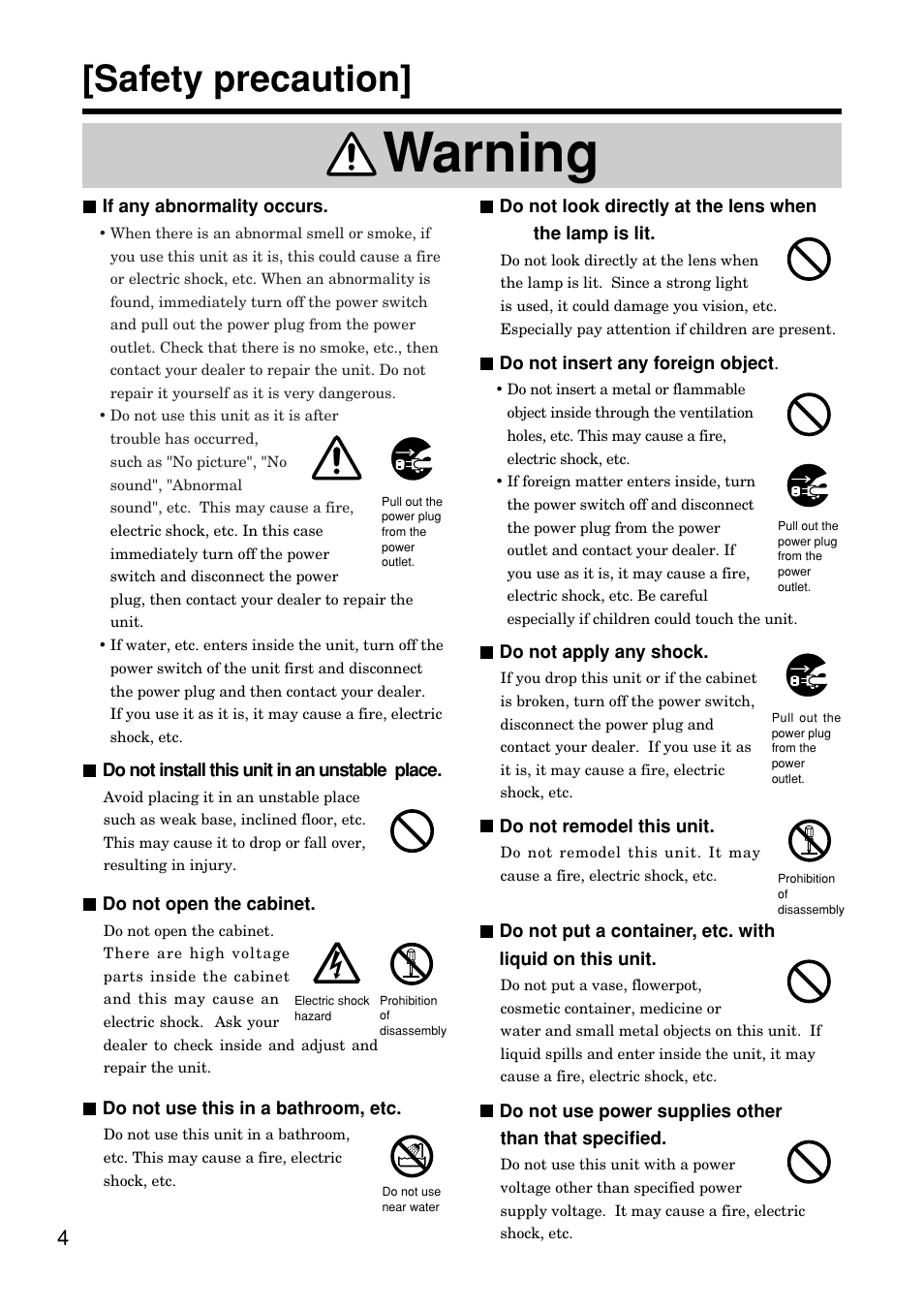 Warning, Safety precaution | Hitachi CP-S845W User Manual | Page 4 / 34
