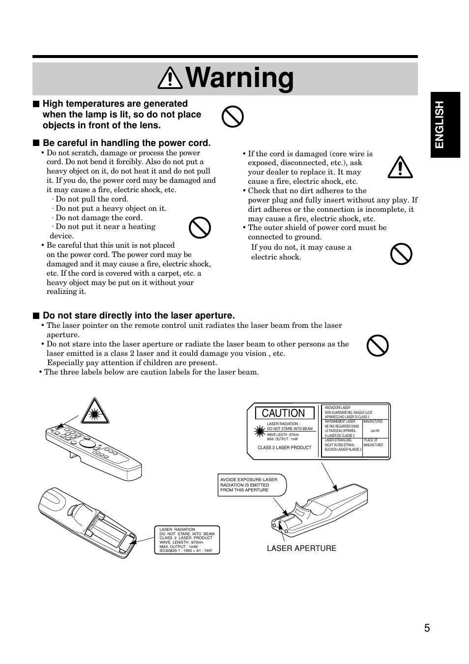 Warning, 5english, Caution | Hitachi CP-S845W User Manual | Page 5 / 34