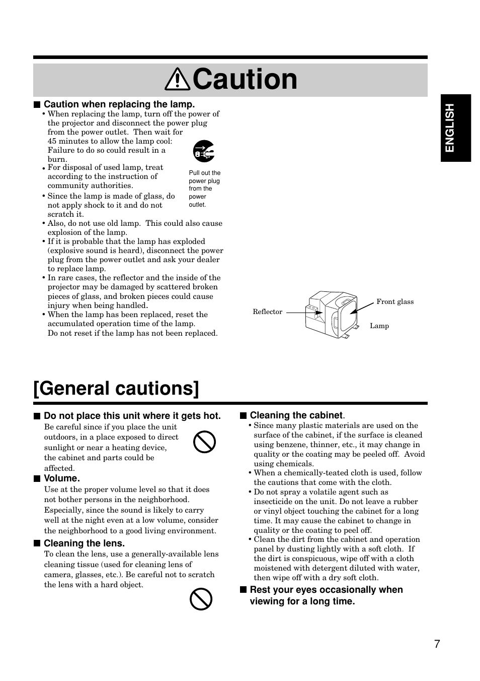 Caution, General cautions, 7english | Hitachi CP-S845W User Manual | Page 7 / 34