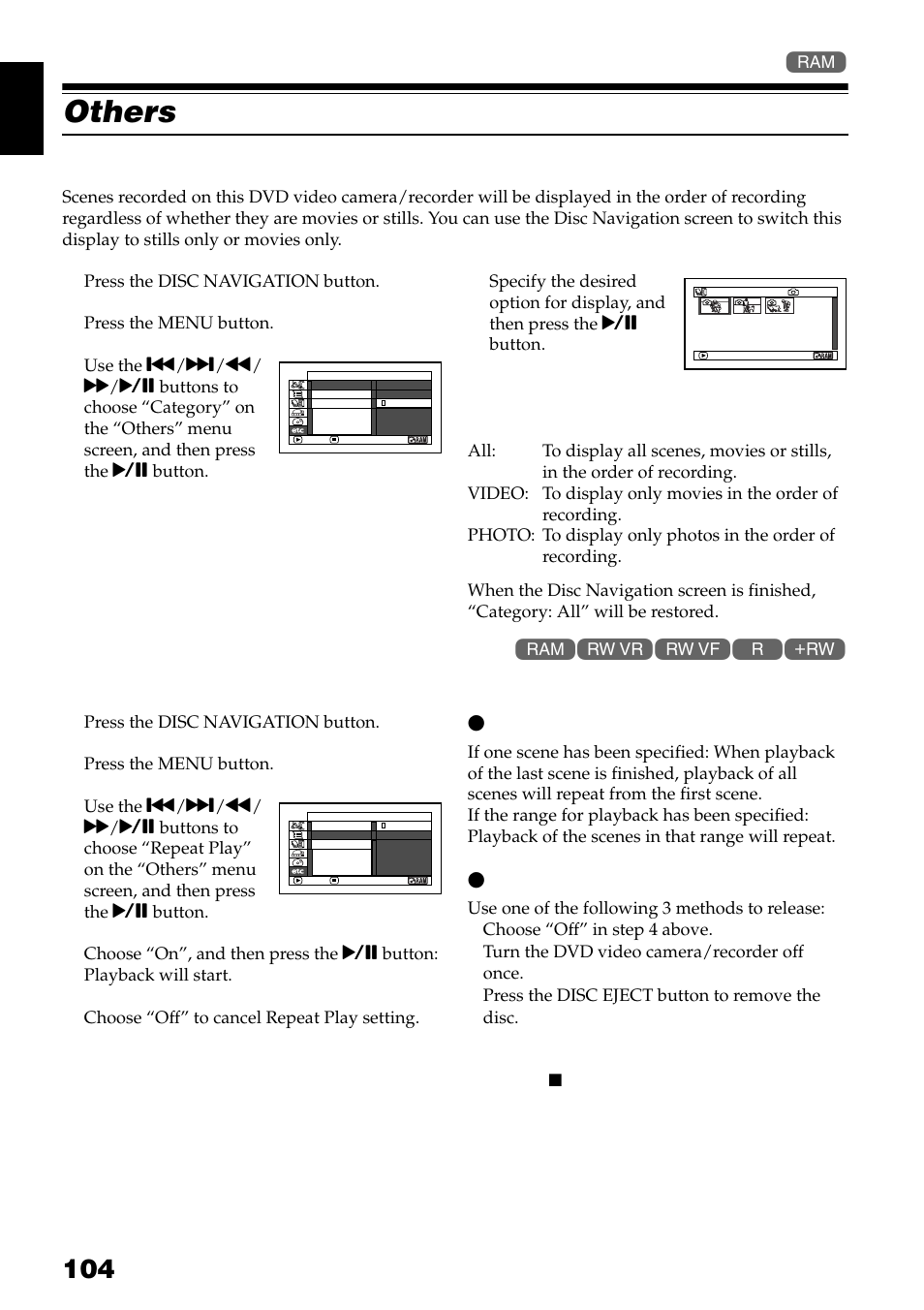 Others, Playing back scenes repeatedly (repeat play), When repeat play is set | Hitachi DZ-GX3300A User Manual | Page 104 / 166