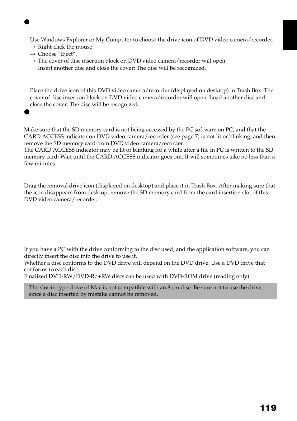 When removing disc, Using disc in dvd drive built into pc | Hitachi DZ-GX3300A User Manual | Page 119 / 166