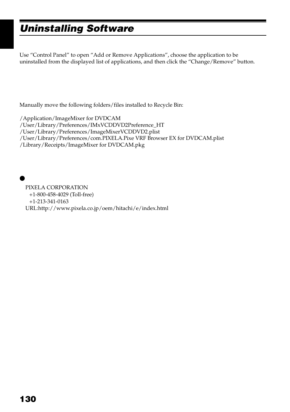 Uninstalling software | Hitachi DZ-GX3300A User Manual | Page 130 / 166