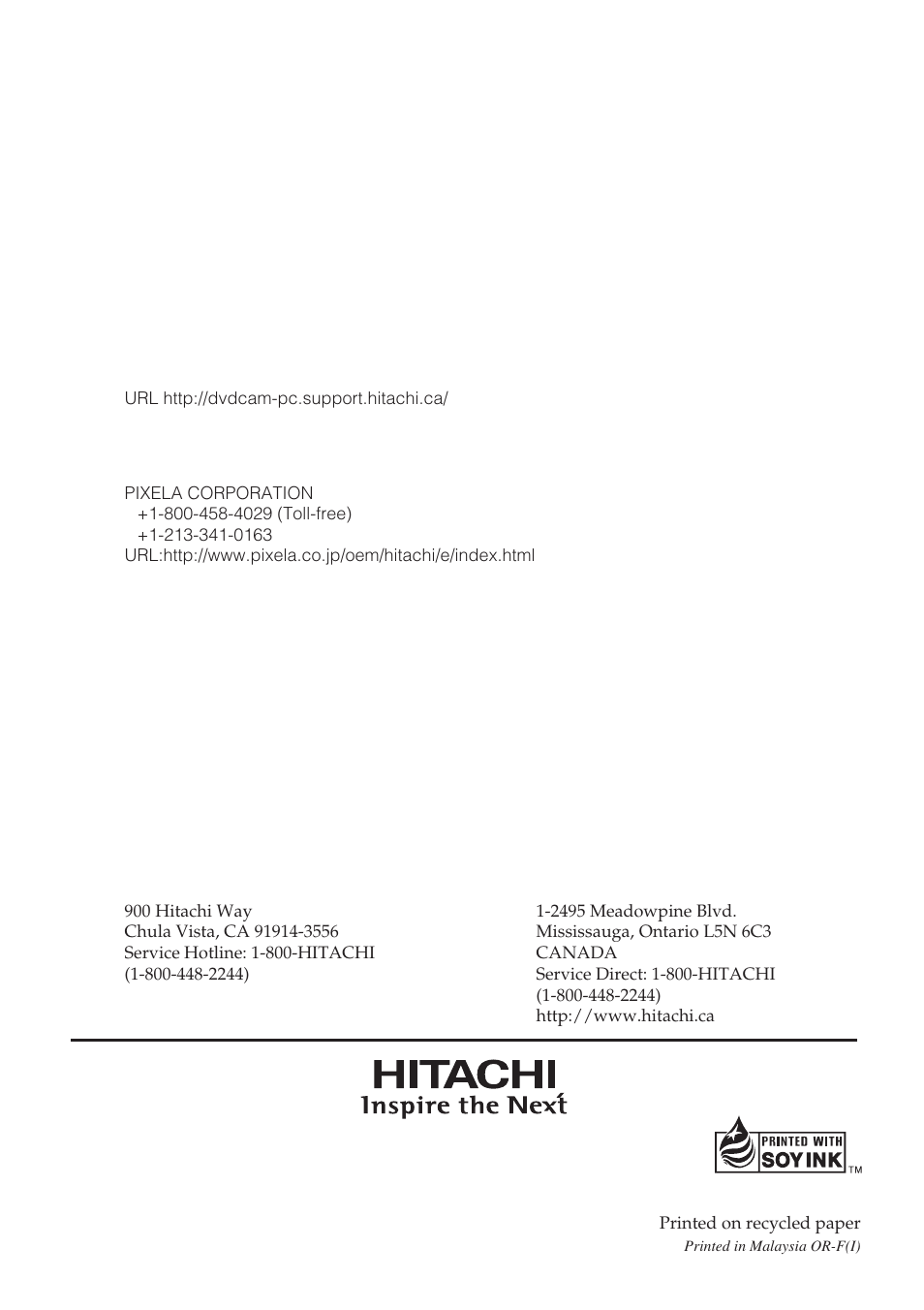 Hitachi america, ltd. home electronics division, Hitachi canada ltd. digital media division | Hitachi DZ-GX3300A User Manual | Page 166 / 166