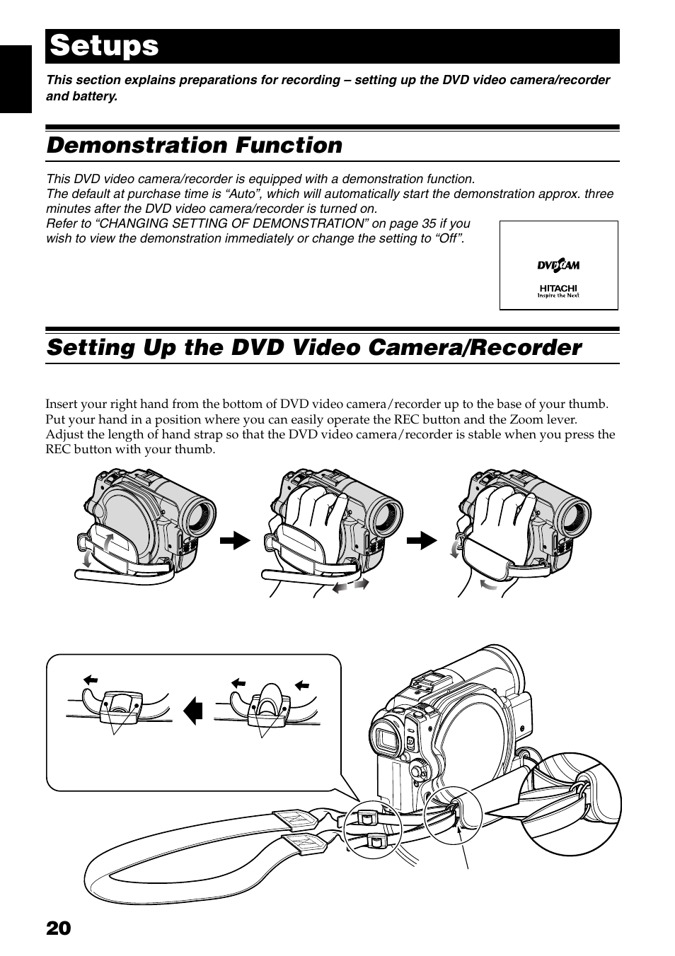 Setups, Demonstration function, Setting up the dvd video camera/recorder | Hitachi DZ-GX3300A User Manual | Page 20 / 166