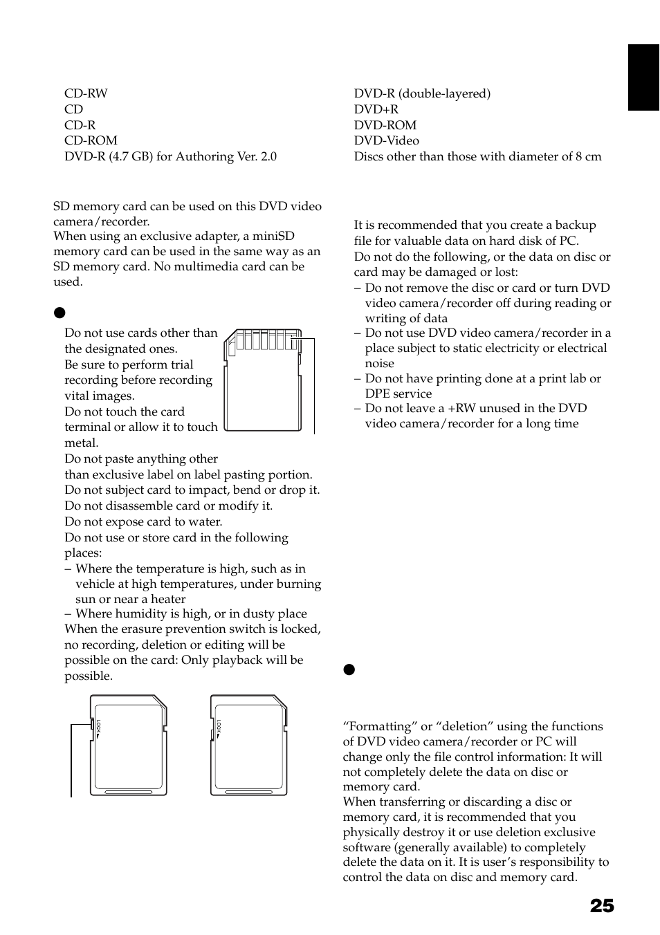 Available cards, Handling card, Common cautions for disc and card | Hitachi DZ-GX3300A User Manual | Page 25 / 166