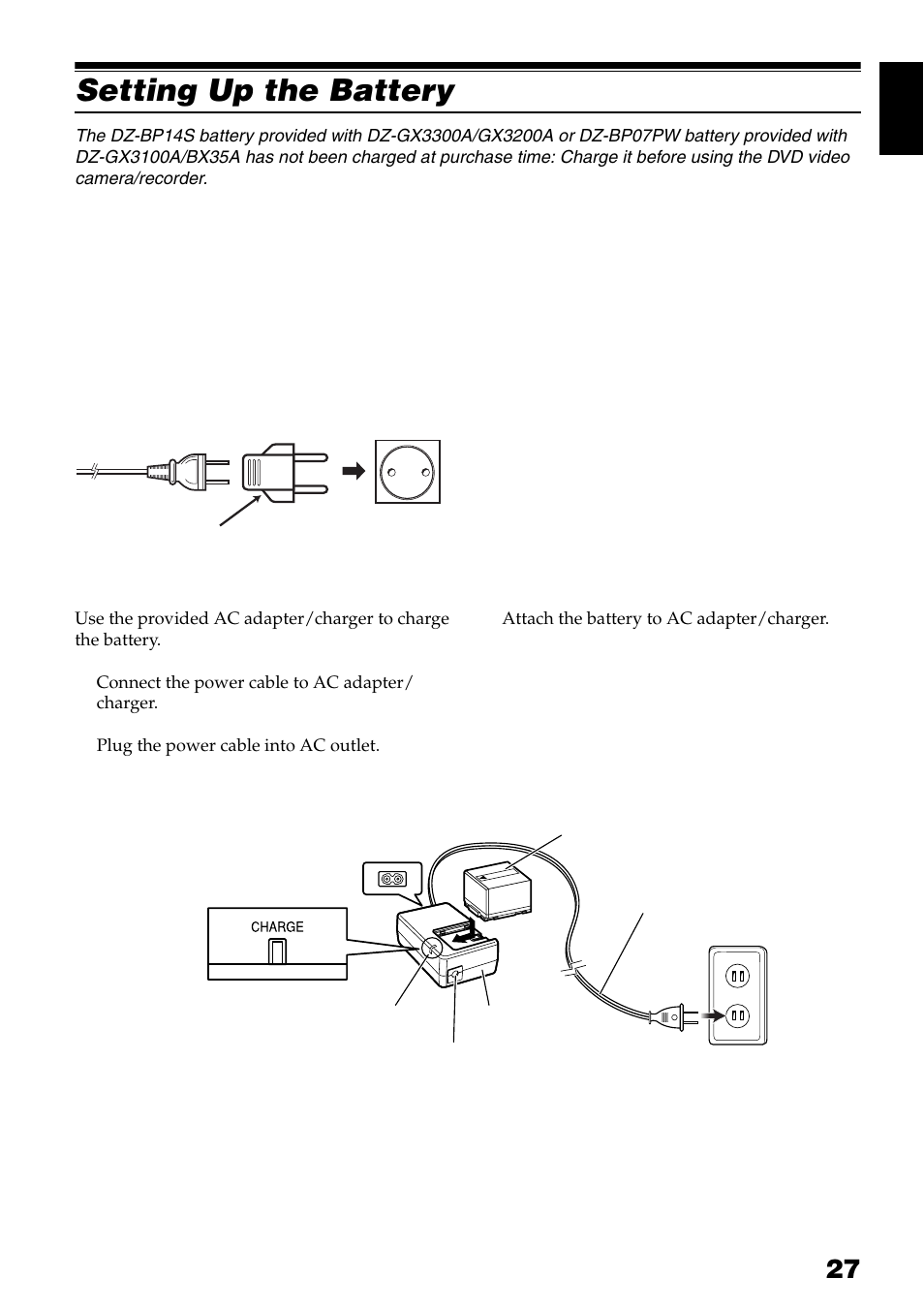 Setting up the battery, Charging battery | Hitachi DZ-GX3300A User Manual | Page 27 / 166