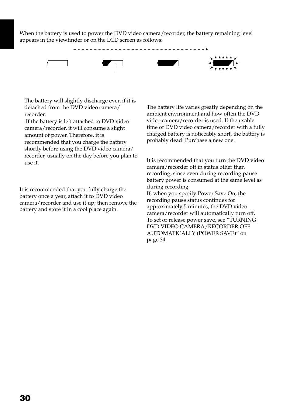 Battery remaining level indicator, Efficient use of battery | Hitachi DZ-GX3300A User Manual | Page 30 / 166