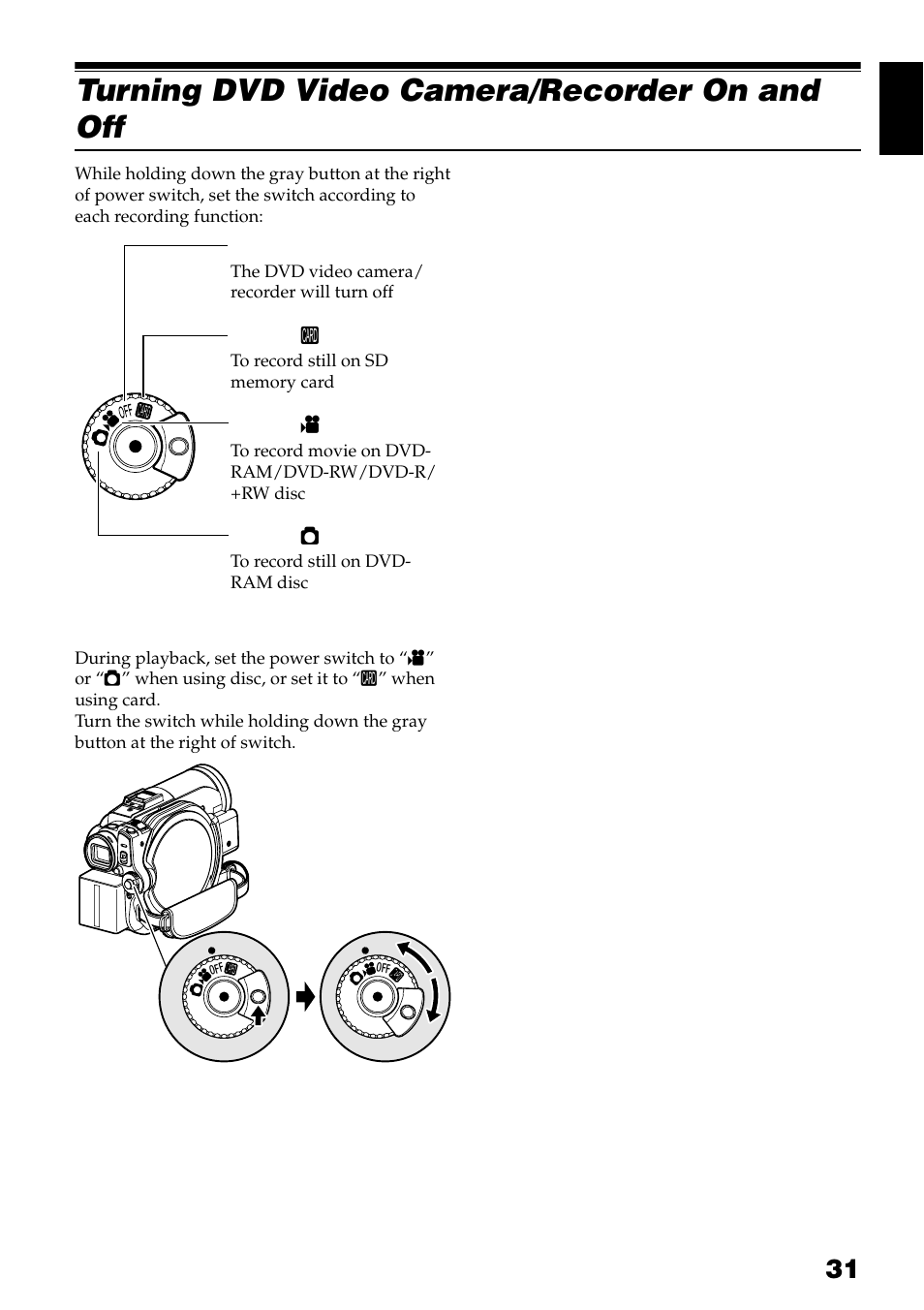 Turning dvd video camera/recorder on and off | Hitachi DZ-GX3300A User Manual | Page 31 / 166