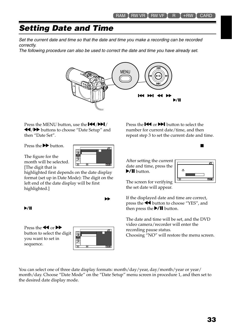 Setting date and time, Changing display format of date and time | Hitachi DZ-GX3300A User Manual | Page 33 / 166