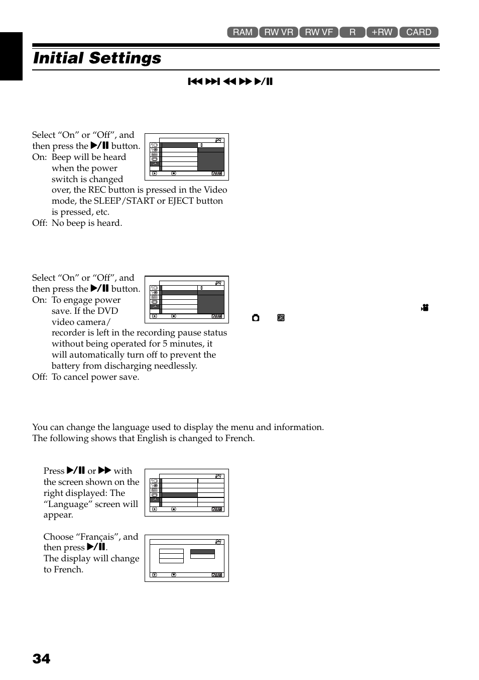 Initial settings, Switching operating sound on or off (beep), Changing display language (language) | English | Hitachi DZ-GX3300A User Manual | Page 34 / 166