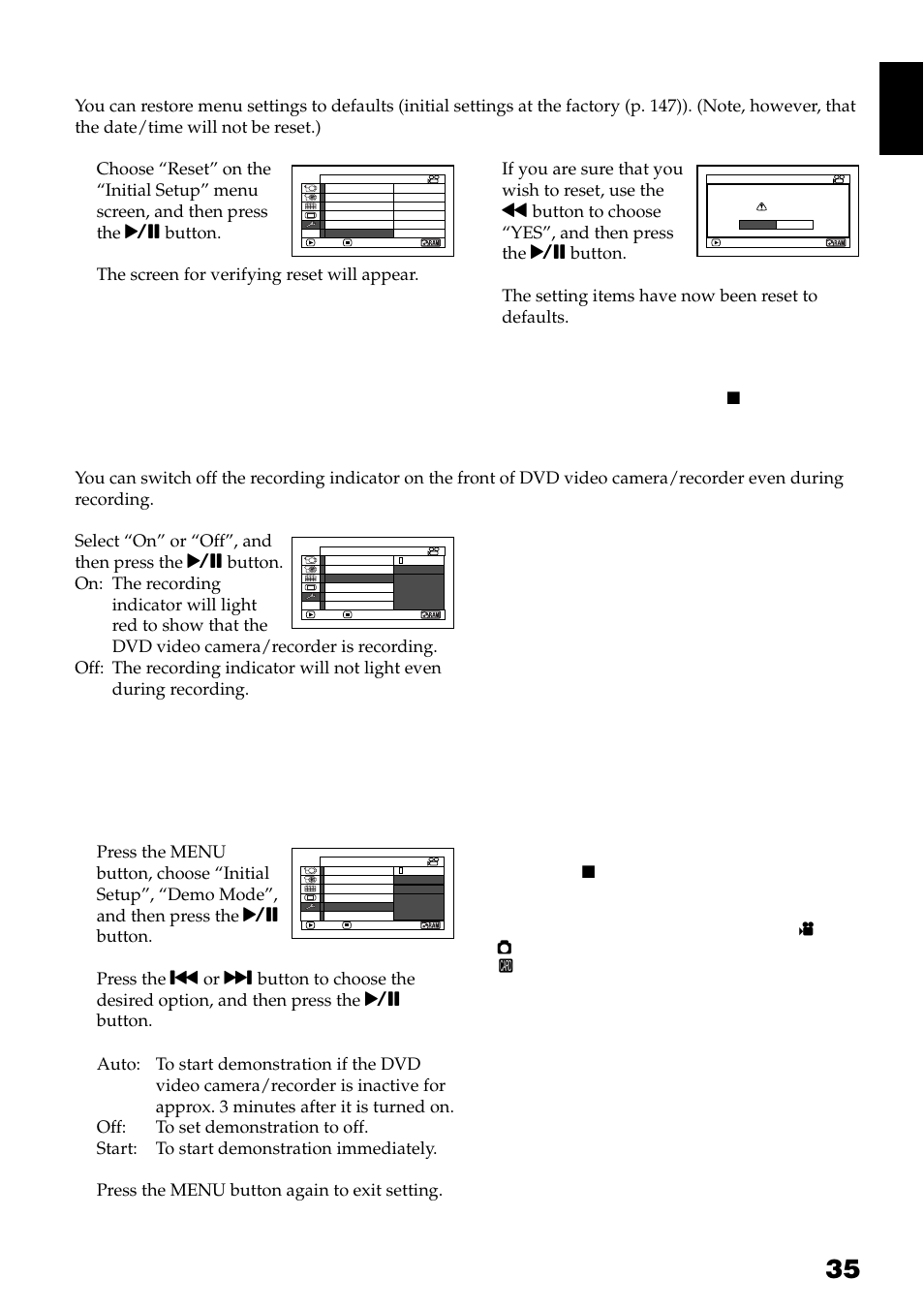 Resetting menu settings to defaults (reset), Turning record led on or off (record led), Changing setting of demonstration | English, Press the menu button again to exit setting | Hitachi DZ-GX3300A User Manual | Page 35 / 166