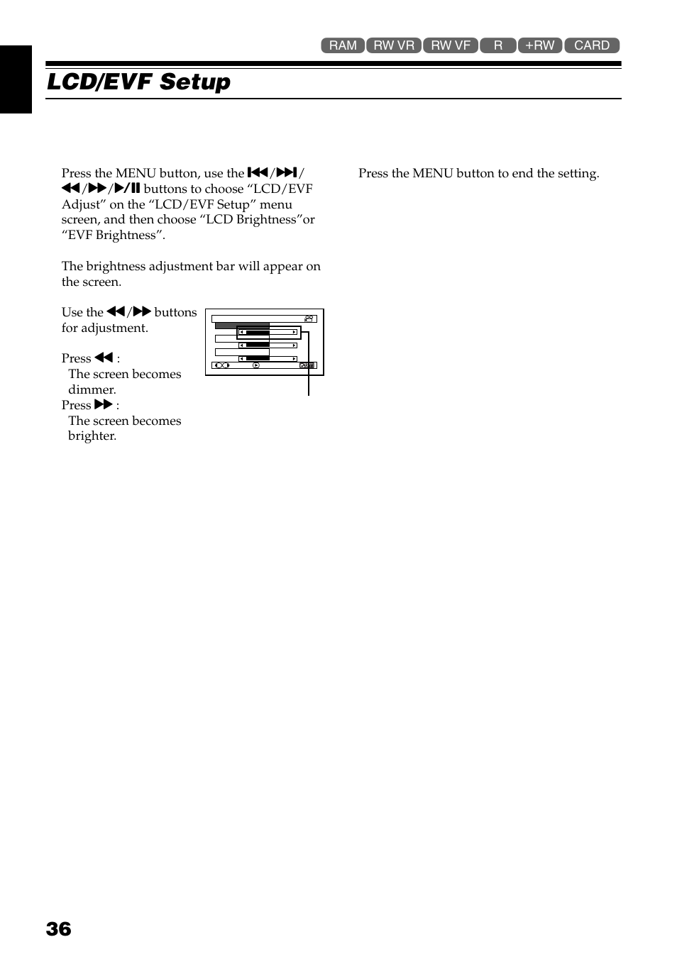 Lcd/evf setup | Hitachi DZ-GX3300A User Manual | Page 36 / 166