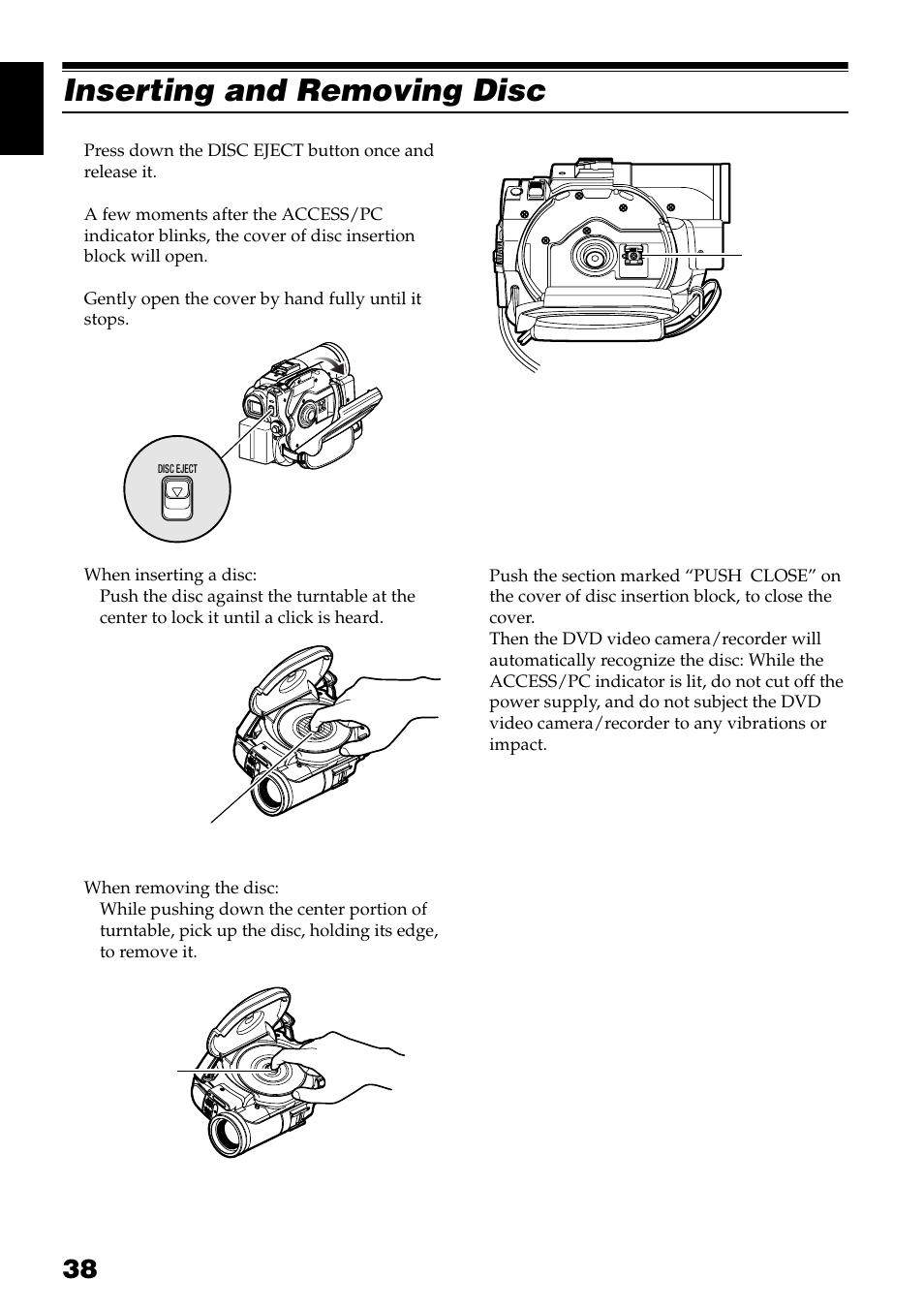 Inserting and removing disc 1 | Hitachi DZ-GX3300A User Manual | Page 38 / 166