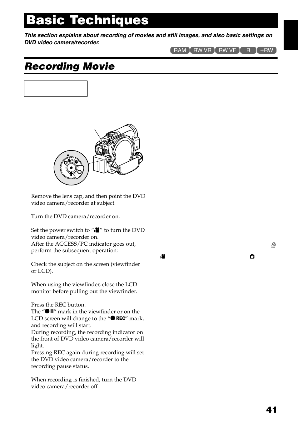 Basic techniques, Recording movie 1, Before you begin | Hitachi DZ-GX3300A User Manual | Page 41 / 166