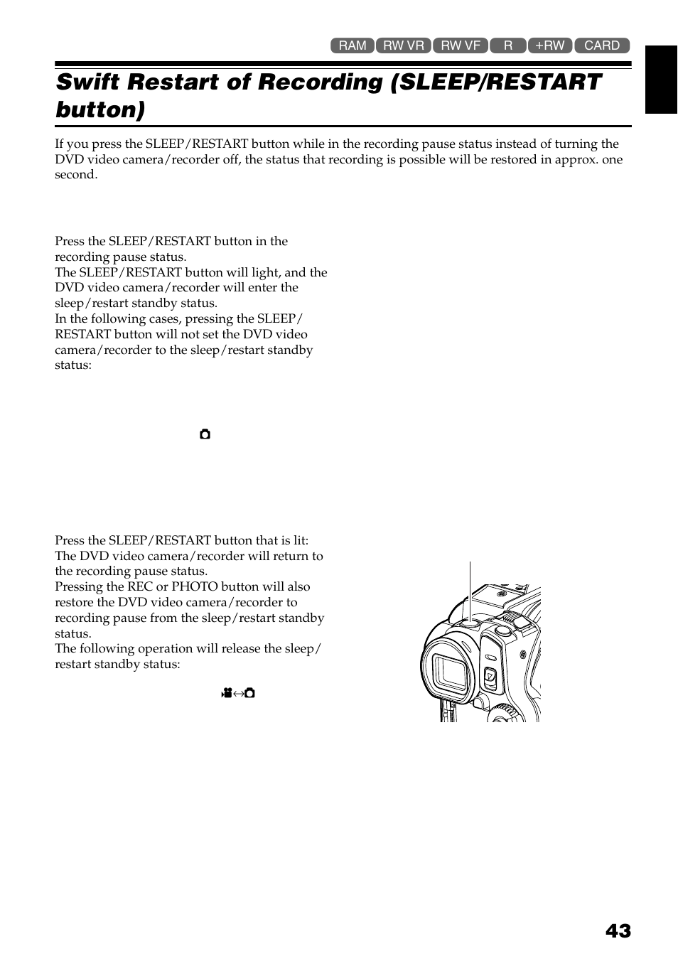 Swift restart of recording (sleep/restart button) | Hitachi DZ-GX3300A User Manual | Page 43 / 166