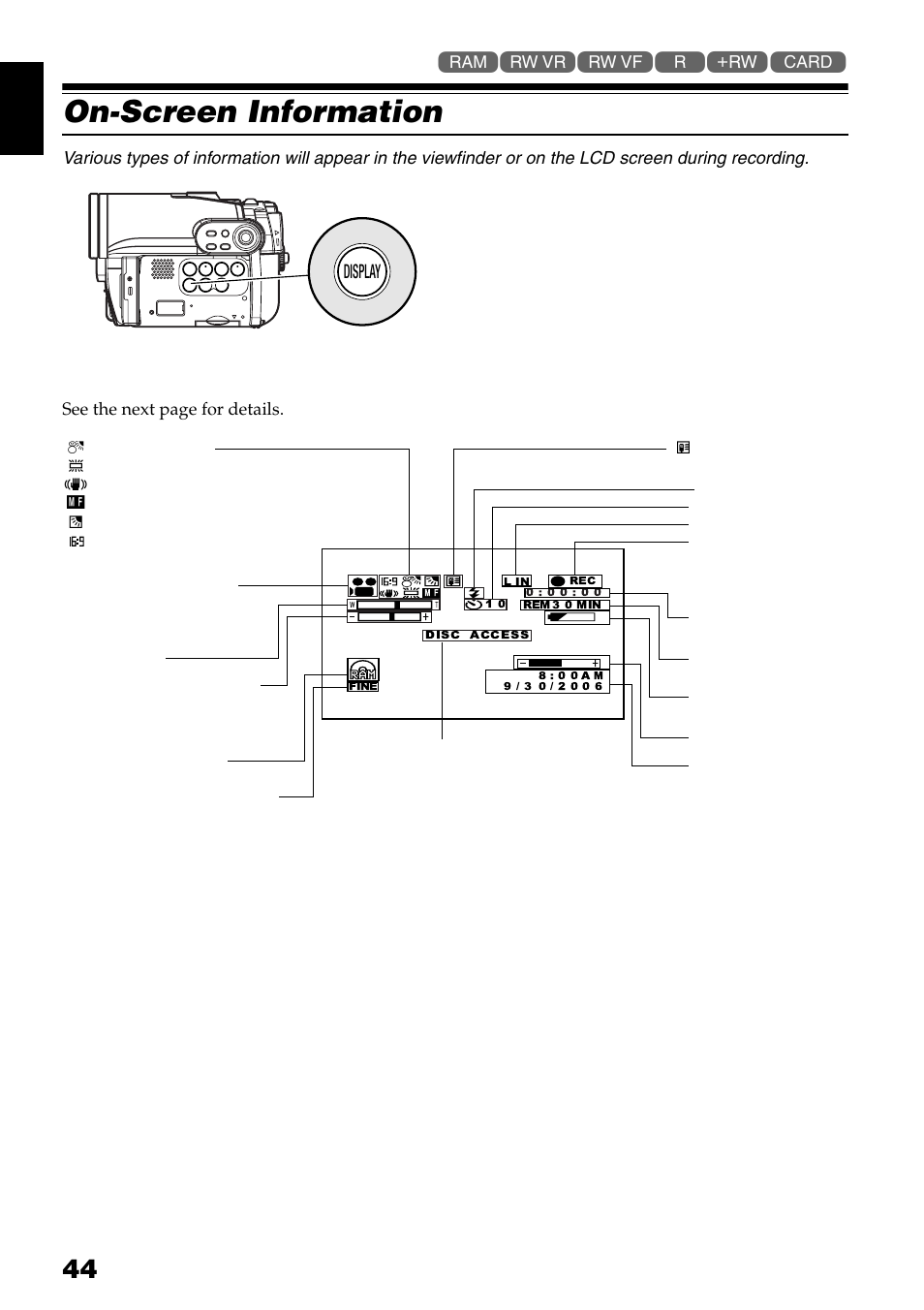 On-screen information, Information display during recording, Display | Hitachi DZ-GX3300A User Manual | Page 44 / 166