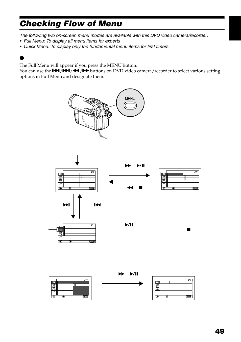 Checking flow of menu, Operating menu, English | Press c or a | Hitachi DZ-GX3300A User Manual | Page 49 / 166