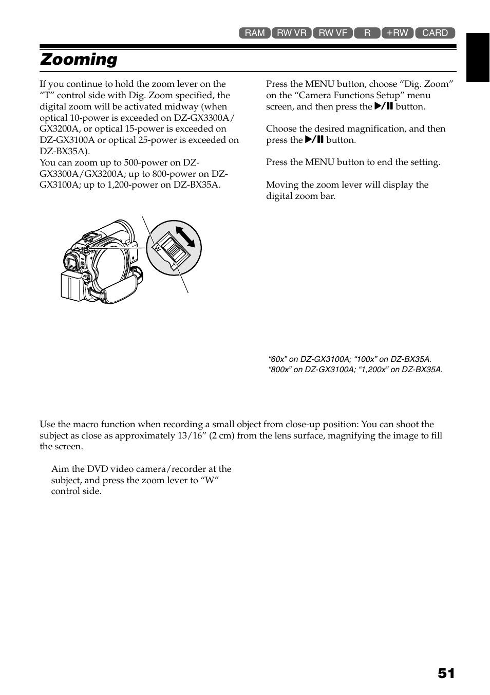 Zooming, Macro recording | Hitachi DZ-GX3300A User Manual | Page 51 / 166