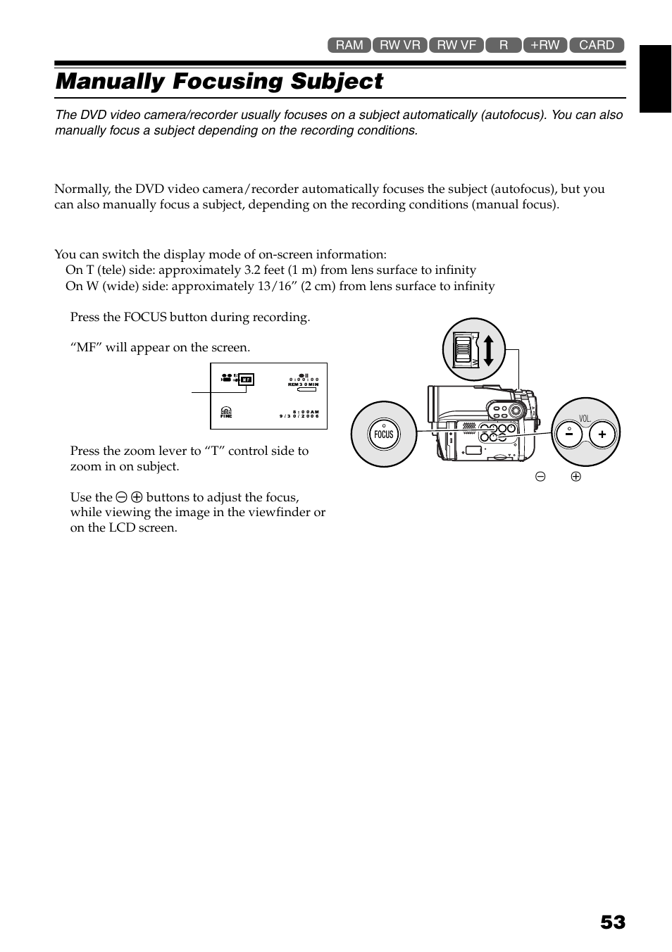 Manually focusing subject, Focusing during recording | Hitachi DZ-GX3300A User Manual | Page 53 / 166