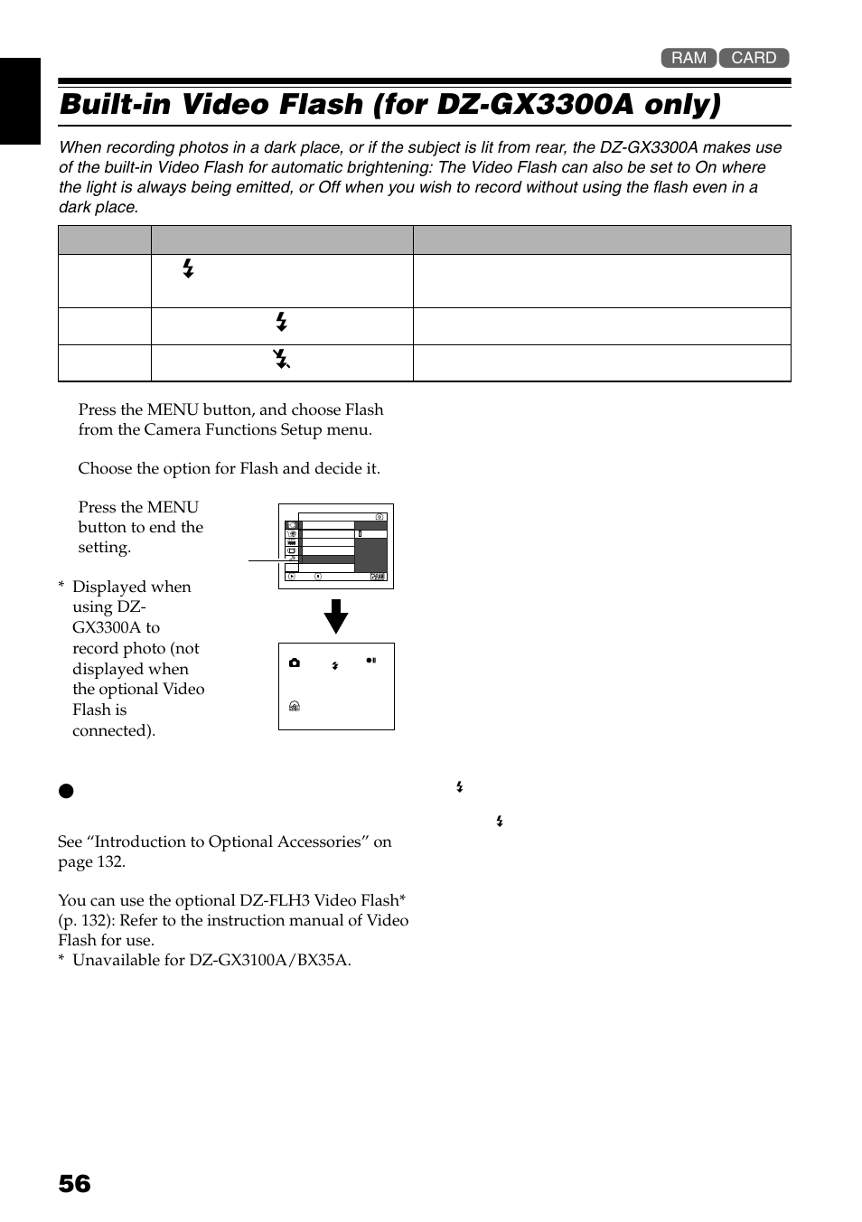 Built-in video flash (for dz-gx3300a only) | Hitachi DZ-GX3300A User Manual | Page 56 / 166