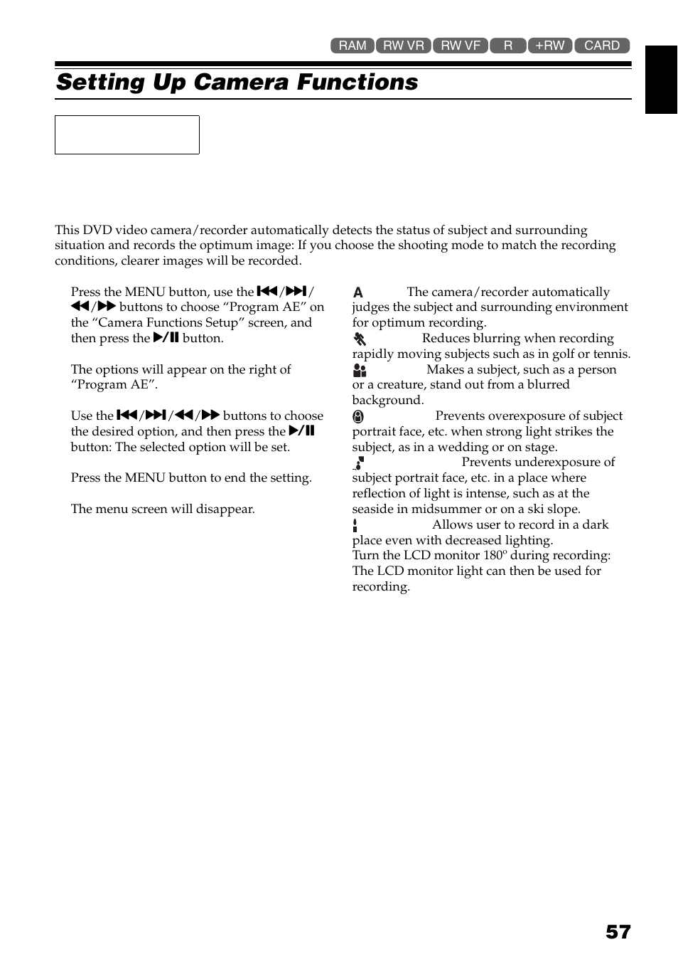 Setting up camera functions | Hitachi DZ-GX3300A User Manual | Page 57 / 166