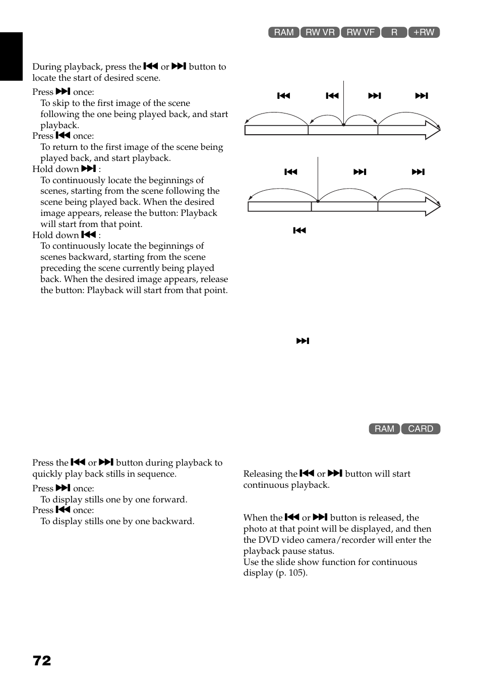 Skip playback of movie, Playing back stills | Hitachi DZ-GX3300A User Manual | Page 72 / 166